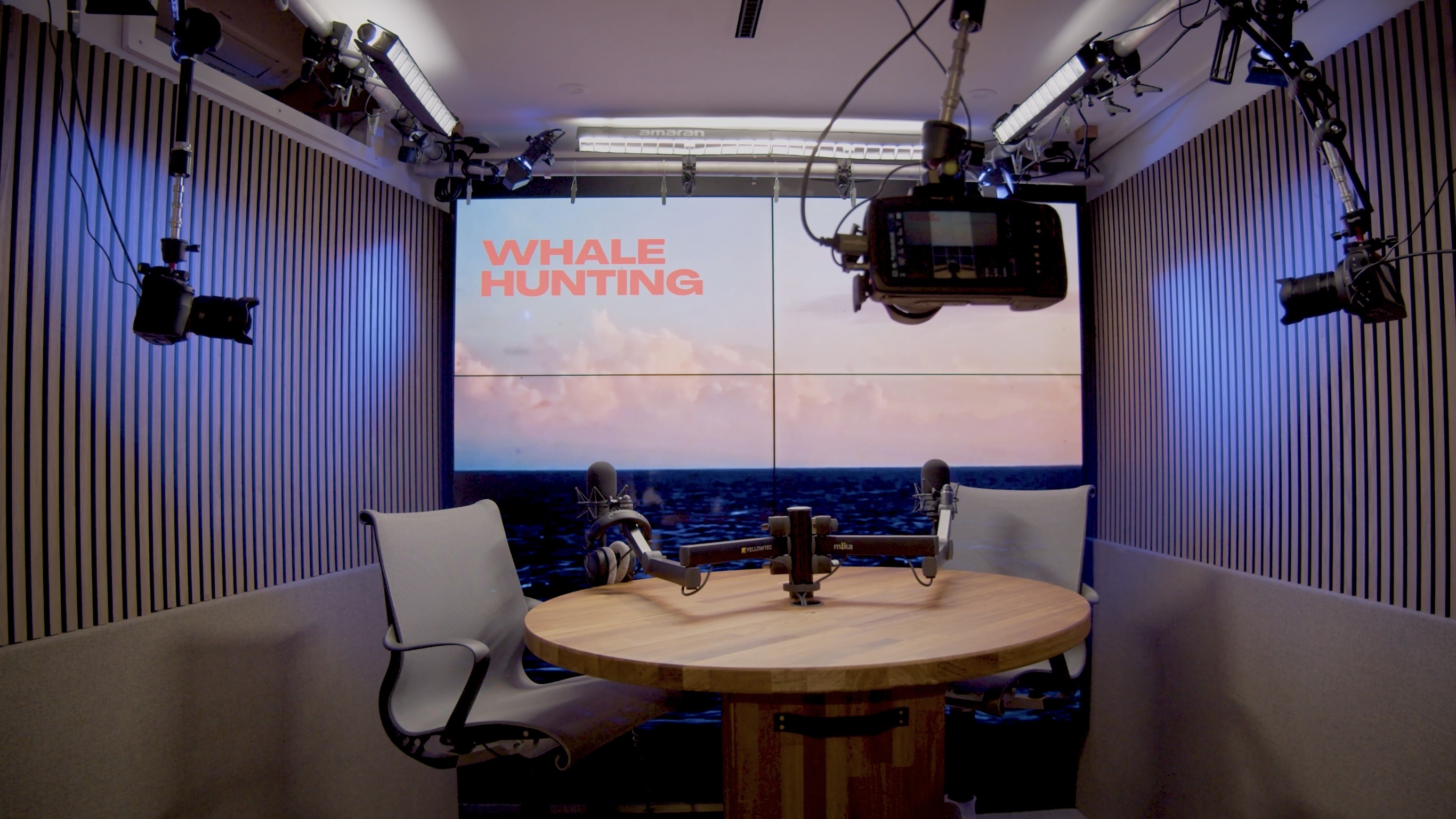 Video content studio setup at Brazen Studios showing two-person podcast configuration with up to four Netflix-approved 4K cameras – book your video recording studio London session today.