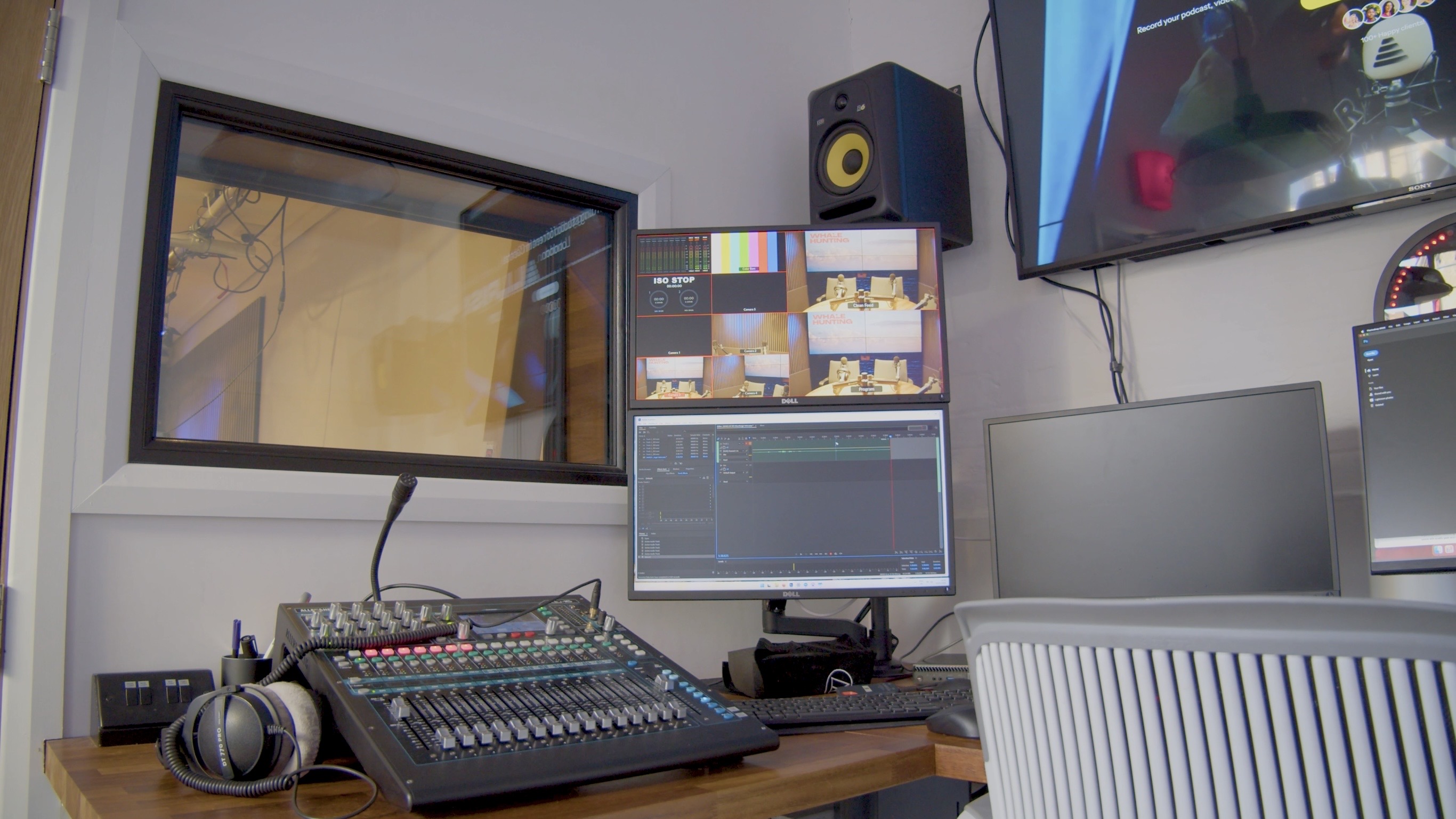Professional sound mixing console, studio monitors, and control room; with full-service recording studio and voiceover studio in London Bridge.