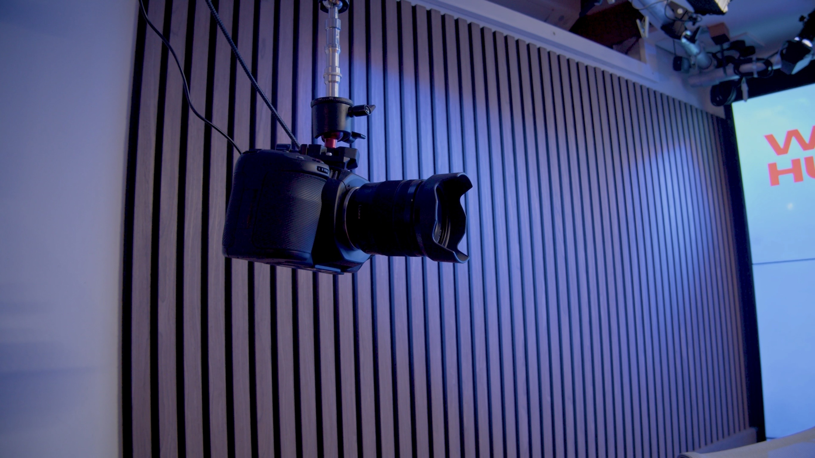 Close- up of Netflix-approved Blackmagic 4K cinematic cameras at Brazen’s video recording studio; professional-grade equipment for social media content studio and video podcast studio production.
